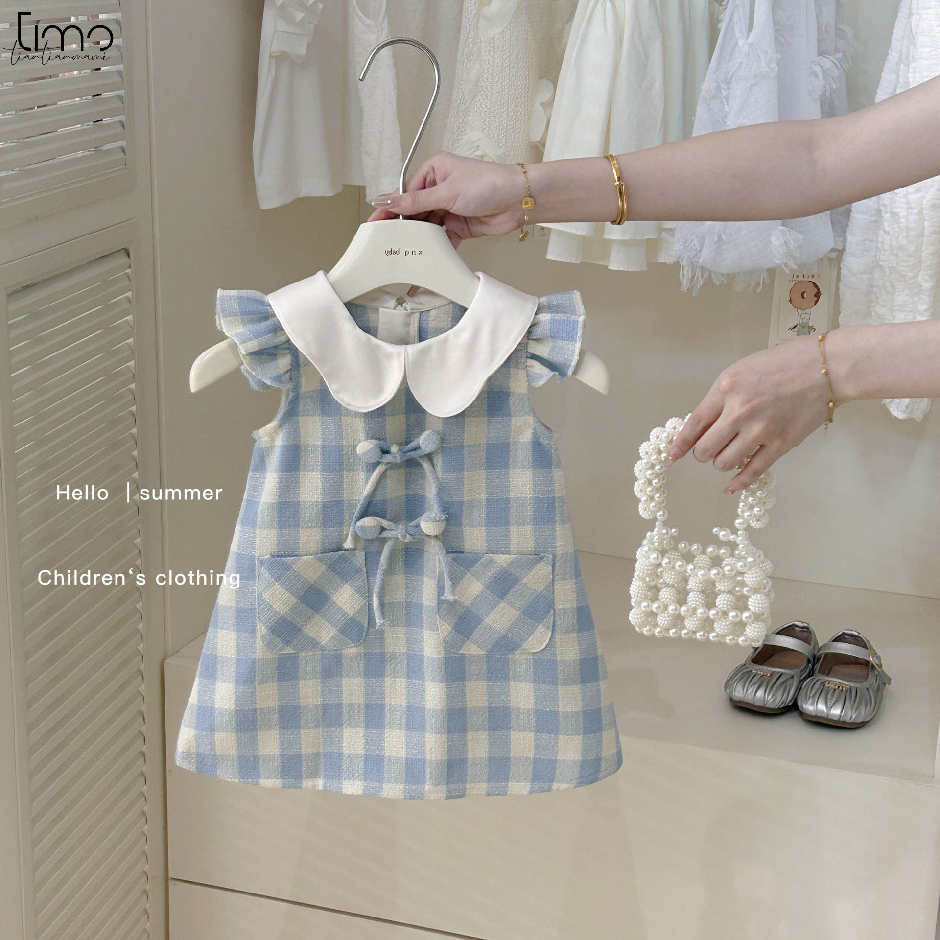 TIMO Girl's French Style dress Summer Children's Blue Plaid Vest Dress Doll Collar Girl's Sweet Princess Dress