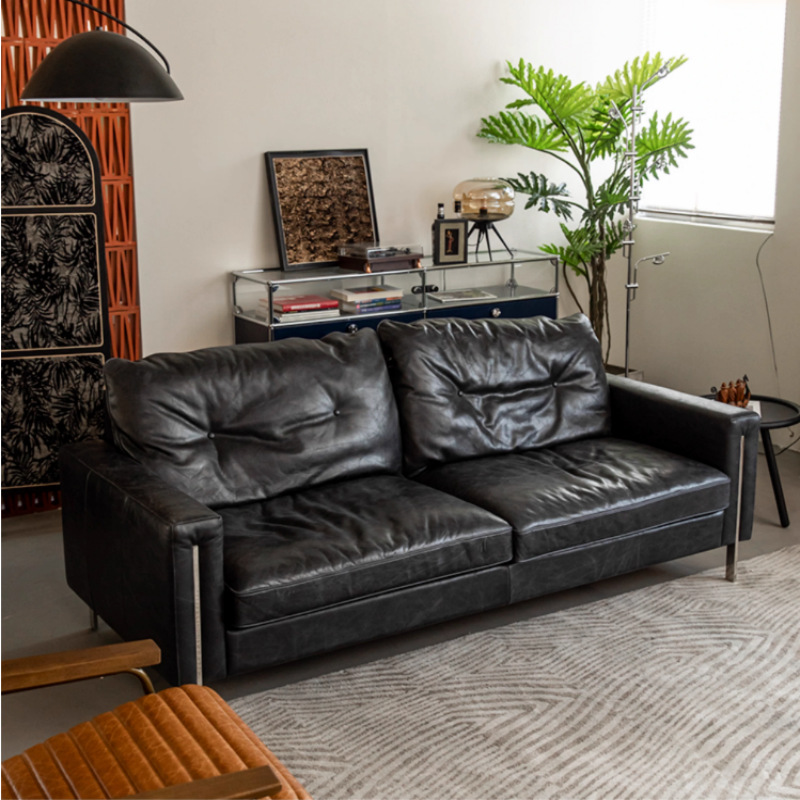Retro Style Oil Wax Leather Bauhaus Sofa Simple Designer Straight Row Down Antique Leather Sofa for Small Apartment