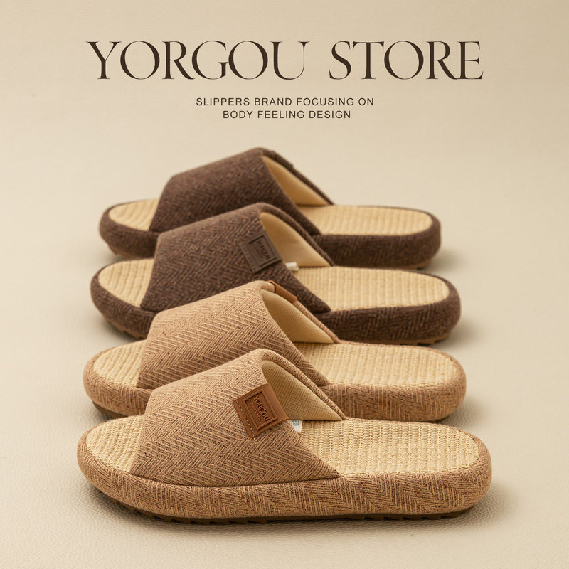 Yuangang Linen Slippers for Women, Spring and Summer Indoor Home Non-Slip Anti-Odor Cotton and Linen Fabric Sweat-Absorbent Floor Slippers for Men, Suitable for All Seasons