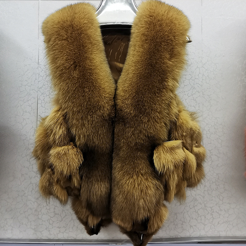 24 new ladies short small waistcoat fox real fur collar fox leg fur leather grass female waistcoat autumn and winter