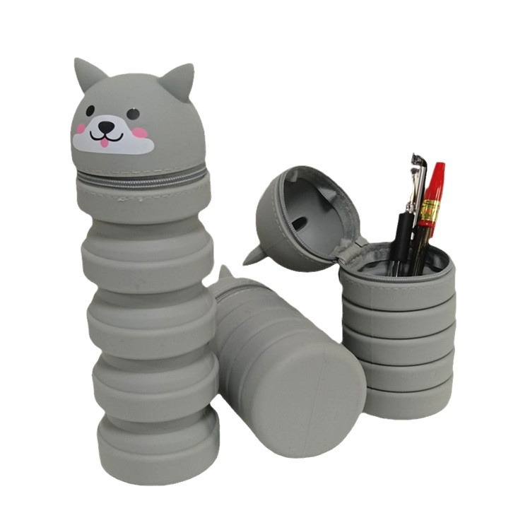 2024 caja de lápiz de silicona grande cabeza de animal dibujos animados telescópicos bolsas de papelería plegables portátiles bolsas de lápiz de estudiantes almacenamiento lindo