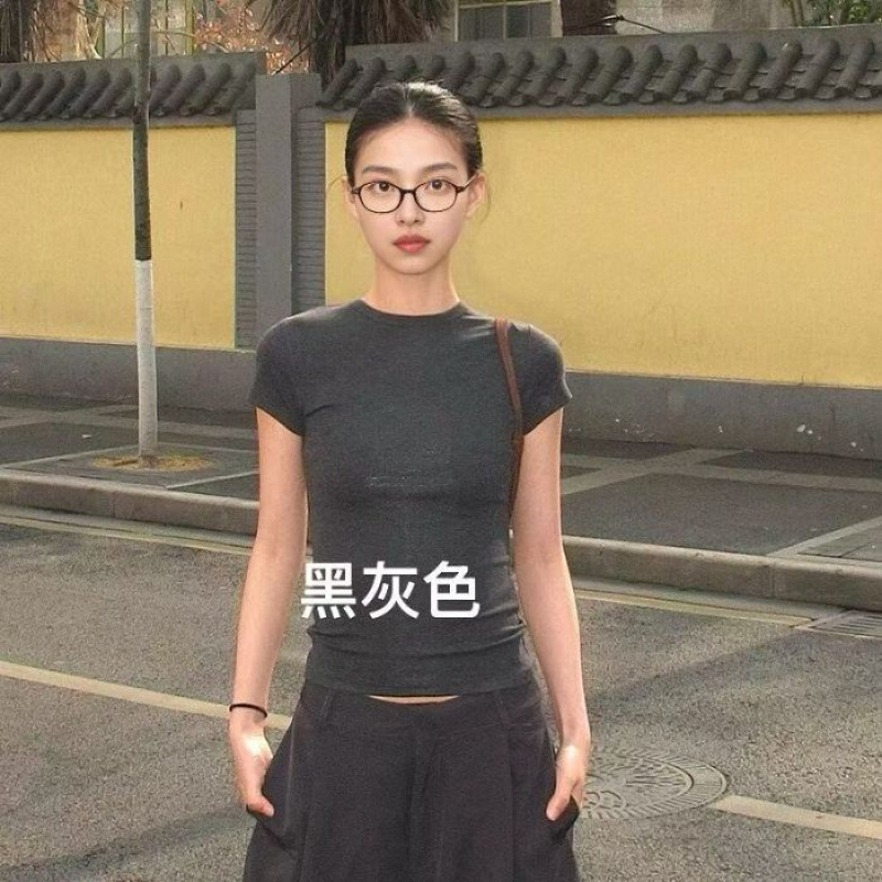 新美式辣妹正肩短袖T恤女夏季修身显瘦收腰紧身别致短款跨境批发|undefined