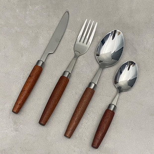 Wholesale Western-Style Cutlery Set with Solid Wood Handles, Steak Knife, Mooncake Knife and Fork, 304 Stainless Steel Dining Spoon Four-Piece Set