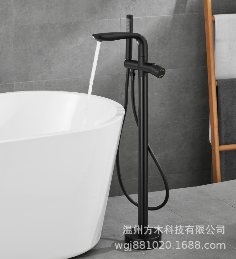 Black chrome-plated brushed gold gun gray floor-standing single-handle double-control ceramic valve core hot and cold water faucet, wooden bucket bathtub, showerhead undefined