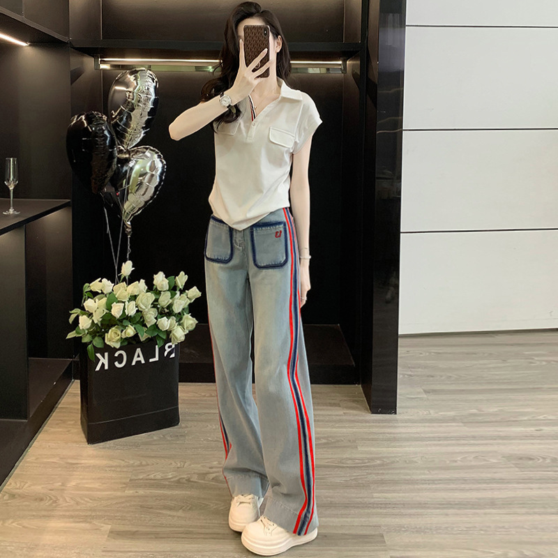 时尚潮流休闲运动套装女夏2025新款无袖衬衫上衣牛仔阔腿裤两件套|undefined