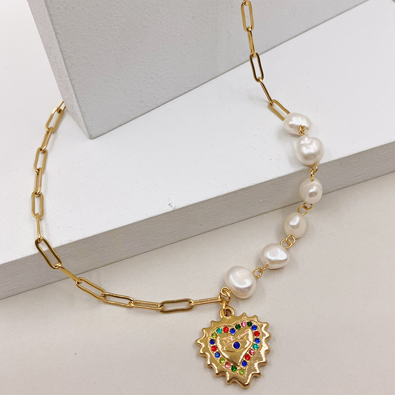 Retro Heart Shape Stainless Steel Pearl Titanium Steel Plating Inlay Zircon Pendant Necklace 1 Piece