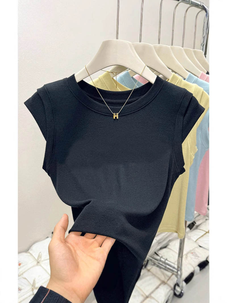 2026年夏新作、小飛袖ラウンドネックタイトフィット半袖Tシャツ、女性用スリムフィットショート丈シンプルエレガントデイリートップス