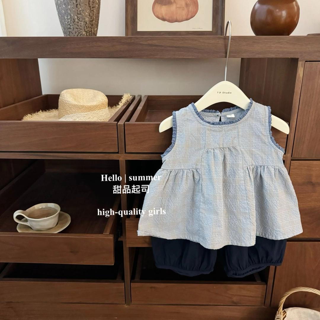 2026 Korean Children's Clothing Girls' Summer New Stylish Plaid Shirt and Lantern Pants Two-Piece Set Trendy