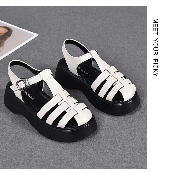 Dép sandal nữ đế dày da thật kiểu La Mã, mũi kín đan xương cá, đi biển mùa hè — Màu đen chi tiết 14