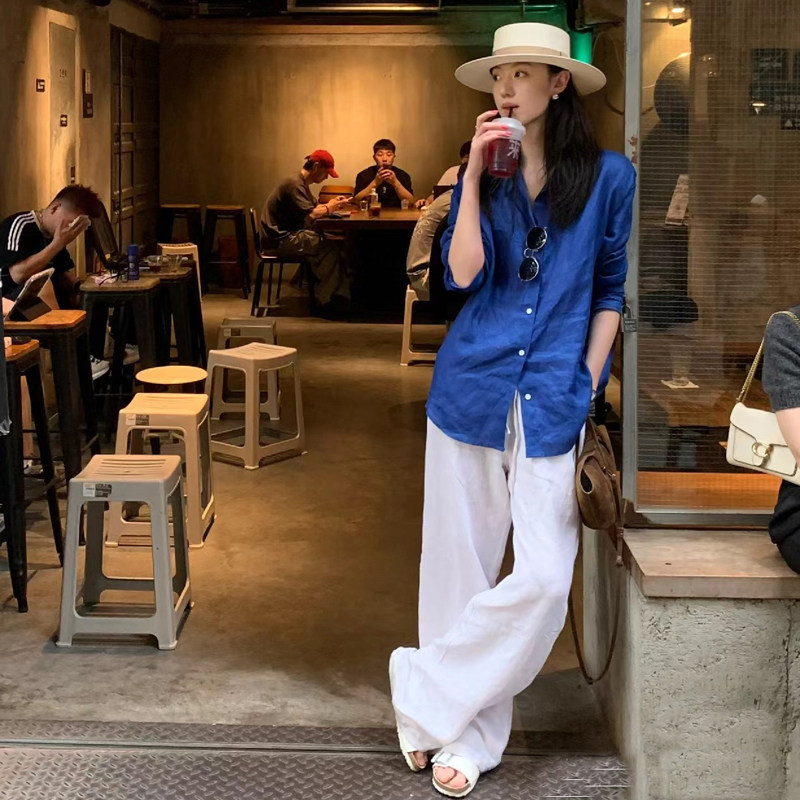 Old Money Style Linen Suit Women's Shirt Summer New Sun-Protective White Pants Cotton-Linen Shirt High-End Wide-Leg Pants