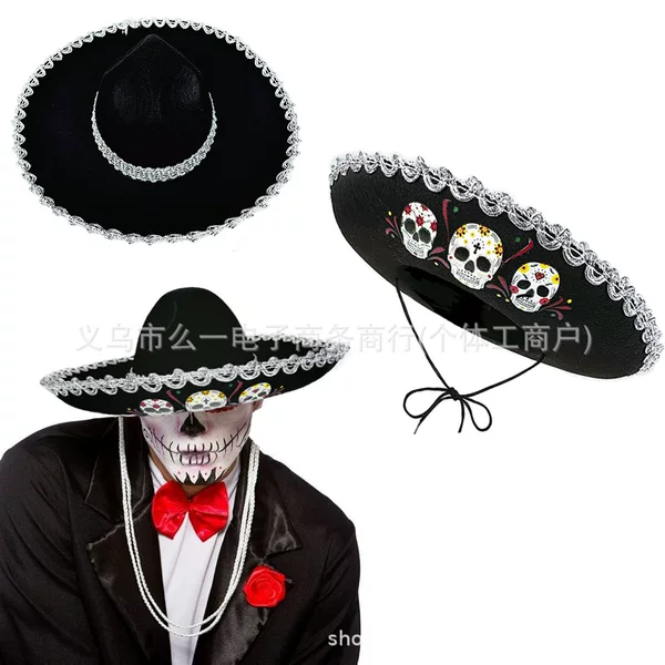 in stock Cross-border Carnival Party Children's Mexican Big-brimmed Hat Halloween Day of the Dead Skull Style Ethnic