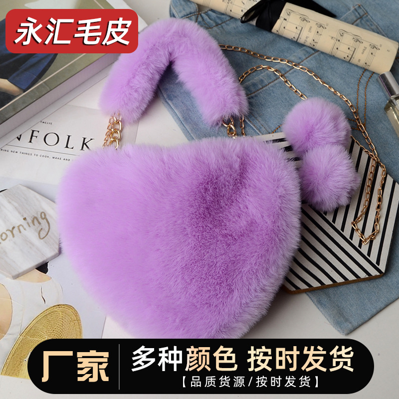 Fabricante en stock bolsa de corazón de melocotón portátil moda felpa en forma de corazón bolsa de peluche bolso de las mujeres