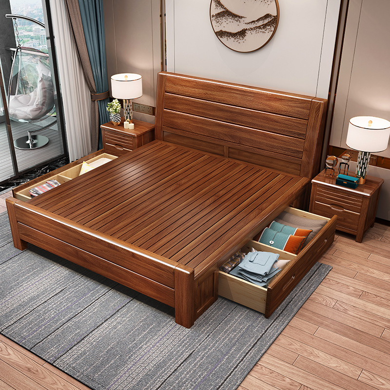 Moderno chino nogal cama de madera maciza 1,8 m dormitorio principal cama doble 1,5 simple almacenamiento económico muebles de dormitorio