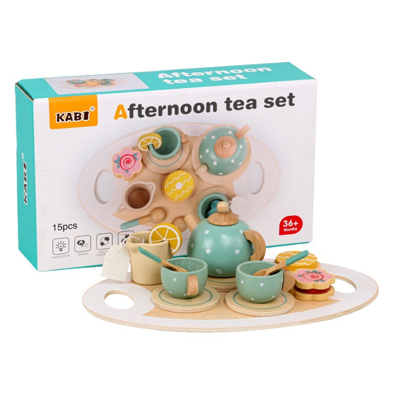 Los niños juegan a las casitas educación temprana simulación tarde té postre pastel venta tetera taza juego de té traje juguetes de madera