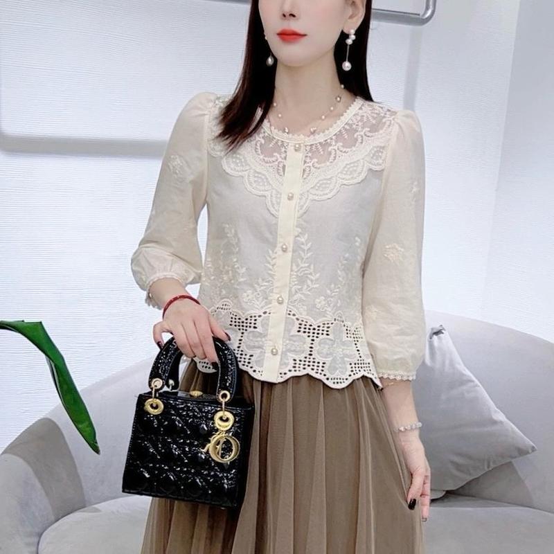 新款早秋七分袖衬衫女新款淑女小衫宽松甜美百搭上衣女杏色|undefined