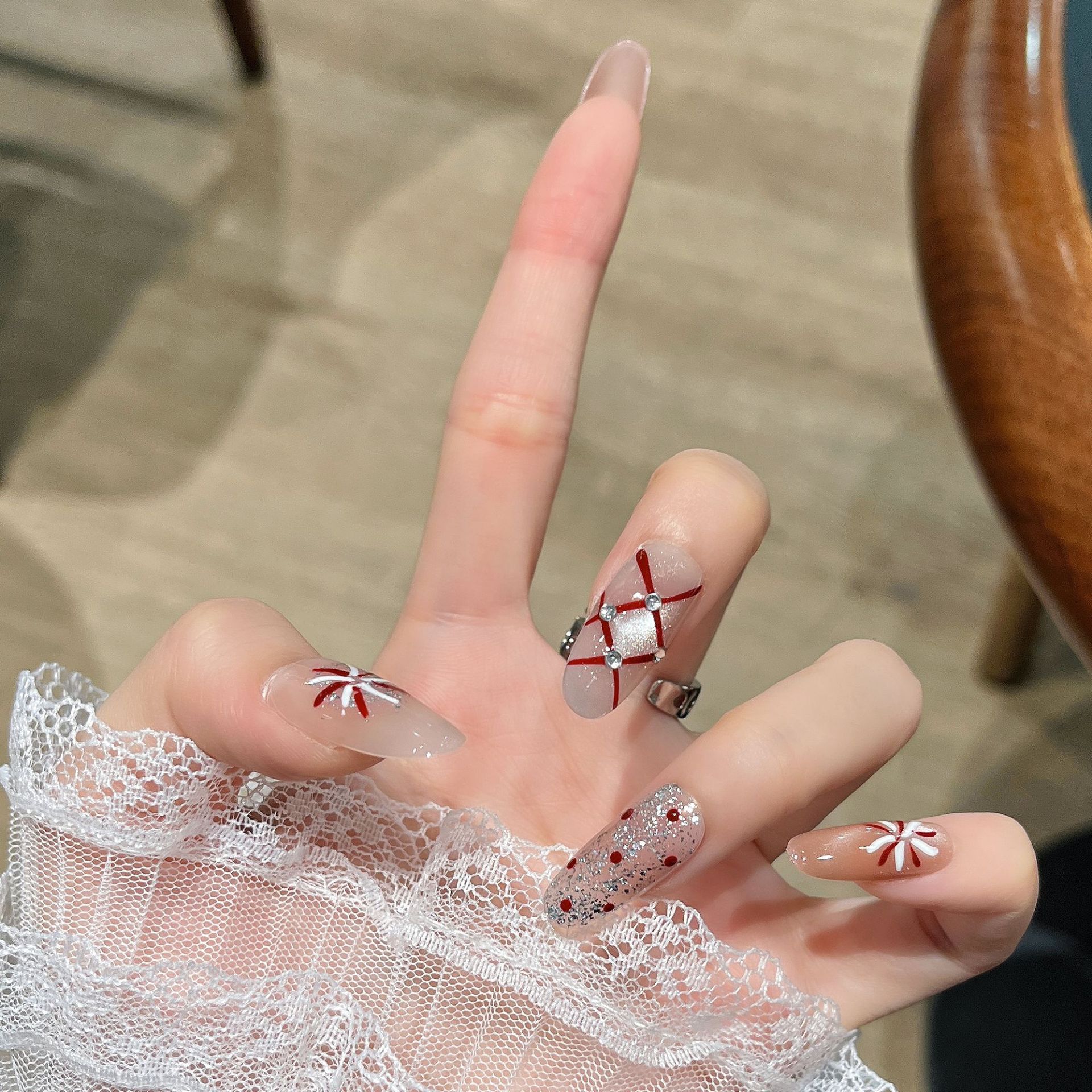 Nuevo parche de uñas falsas de invierno y otoño desmontable de uñas de ojo de gato oval manuales