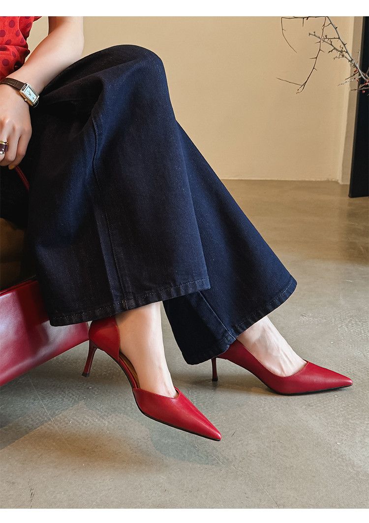 Giày sandal cao gót nữ mũi nhọn kín mũi hở gót, đế nhọn mềm đi làm — đen, màu đỏ tía, Màu trắng nhạt chi tiết 9