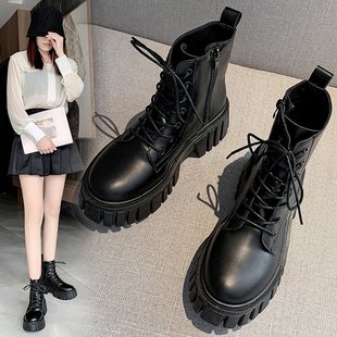 Thick-Soled Lace-Up Boots for Women 2022 Autumn and Winter New Korean Style Leather Boots for Women, Comfortable Soft-Soled Mid-Calf Boots for Women