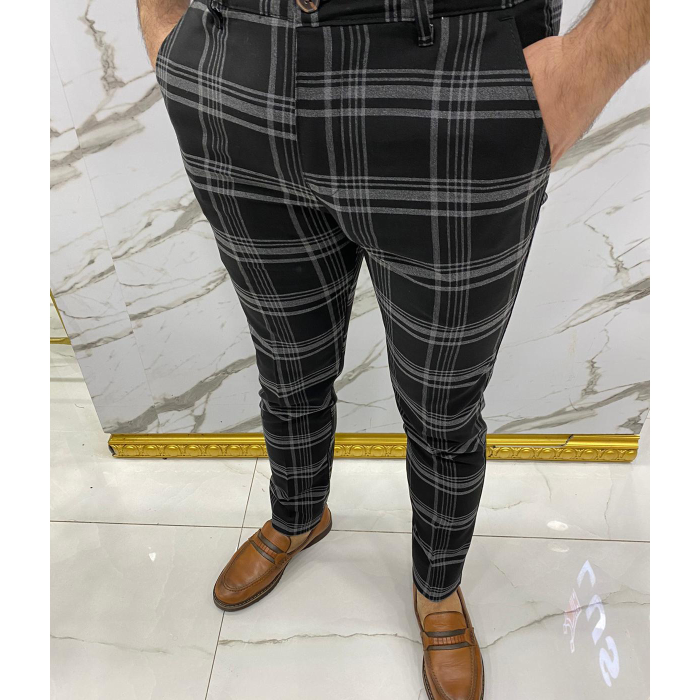 Herren Freizeithose Mit Karomuster Business Stoffhose Elastisch_voghion.com
