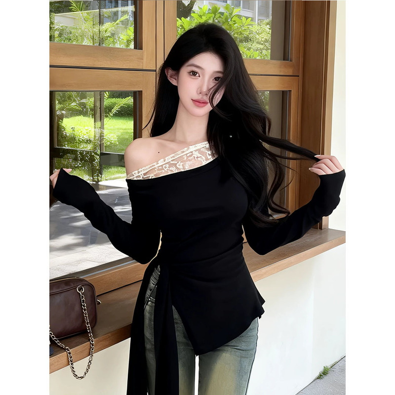 260g 1*1 Ribbed Rayon Irregular Long-Sleeve Lace Off-Shoulder Slim-Fit Versatile T-Shirt 260g 1*1 Ribbed Rayon Irregular Long-Sleeve Lace Off-Shoulder Slim-Fit Versatile T-Shirt