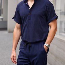 2025春秋季亚马逊速卖通欧美跨境男装衬衫休闲短袖长裤沙滩套装