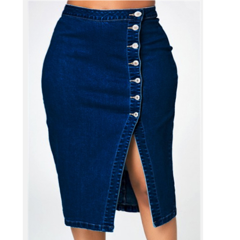 single-breasted high waist denim slit sheath skirt NSGJW137628