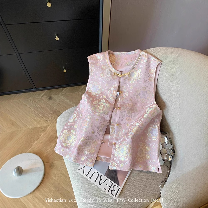Pink Jacquard Crewneck New Chinese Vest Women's 2025 Spring New High-end Elegant National Style Outer Wearing Vest Top