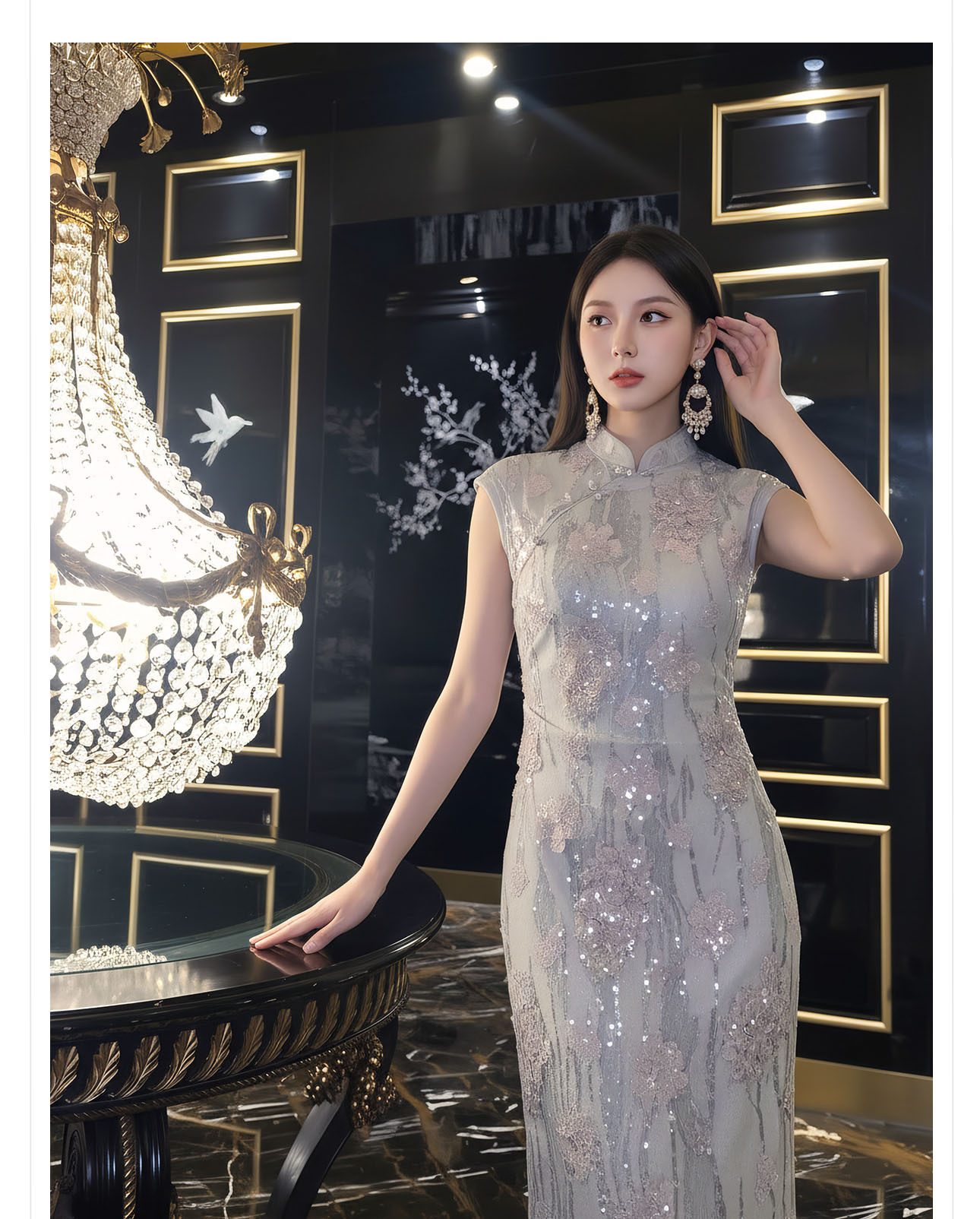 Đầm maxi thắt eo phong cách Tân Trung Hoa ren hoa nổi tay lỡ — Xám gạo chi tiết 4