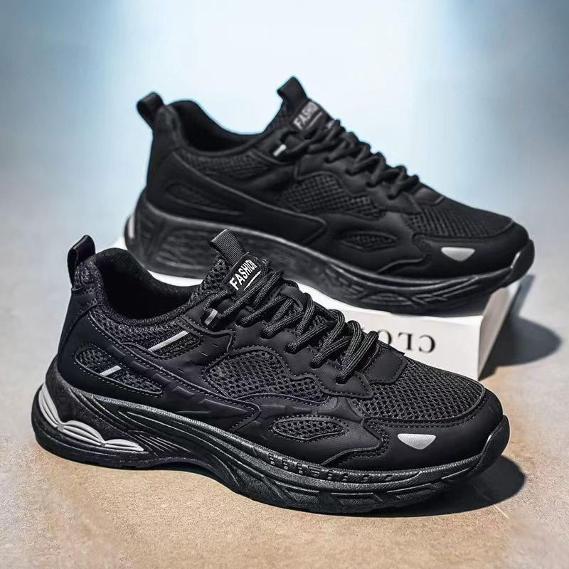Giày thể thao nam sneaker thân lưới thoáng khí, đế cao su gót thấp, dây buộc, phong cách casual — F901 màu đen, F901 xám nhạt, F901 xám đậm