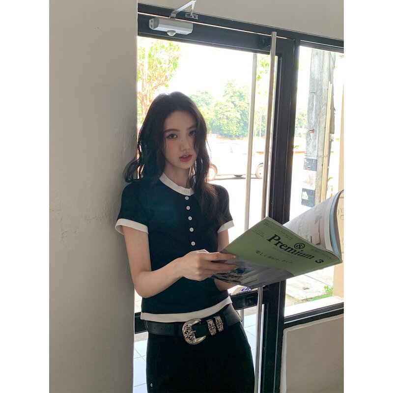 Fake Two-Piece Spliced ​​Henry Collar Short-Sleeved T-Shirt for Women Summer New Design Contrasting Color Pure Cotton Top