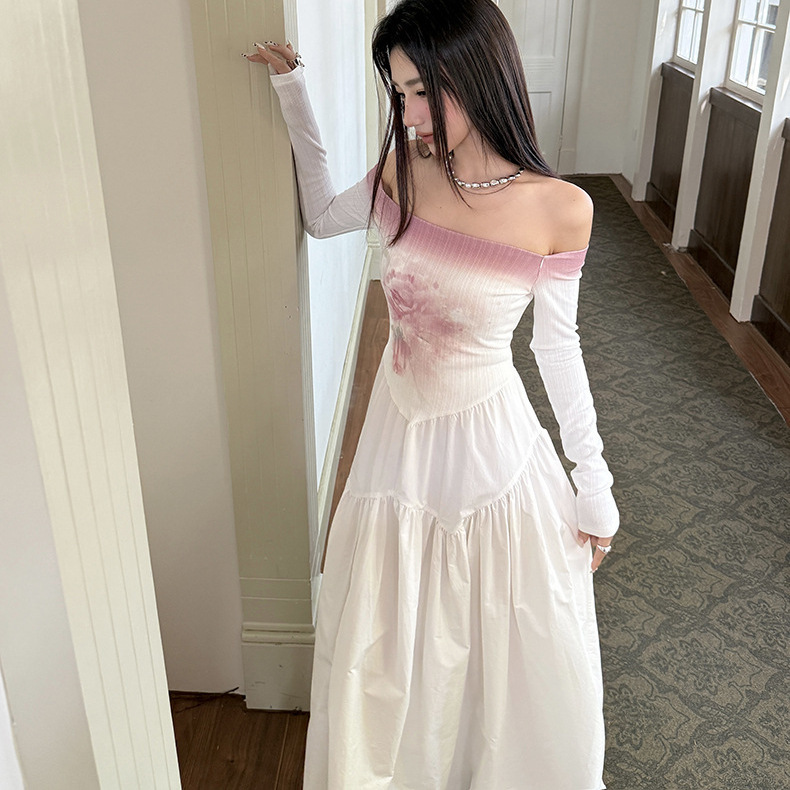 "Kyoto in the Mist" One-Shoulder Gradient Floral Dress