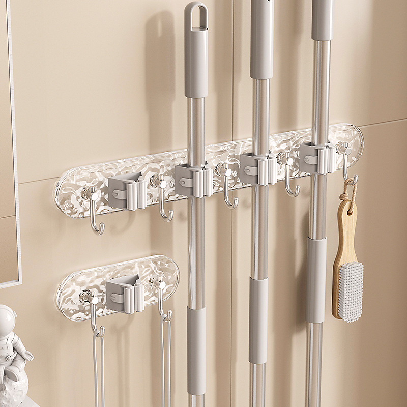 Hole-free Punchless Wave Pattern Mop Holder with Continuous Mop Clips, Glacial Texture Bathroom Wall-Mounted Storage Rack