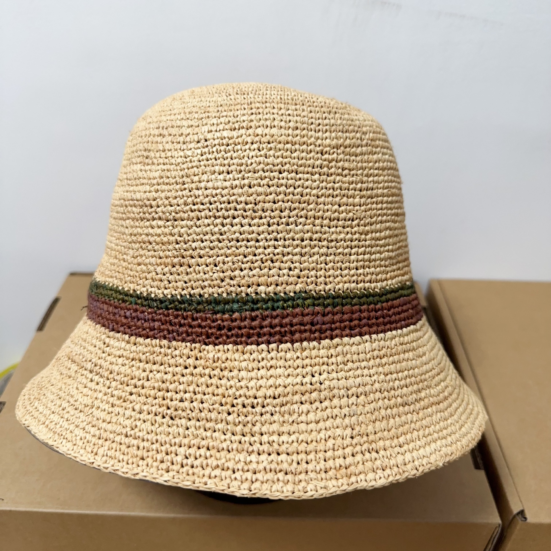 Handgehaakte raffia vissershoed in Hepburn-stijl, Koreaanse stijl, voor dames, met brede rand, zonbescherming, opvouwbaar._voghion.com