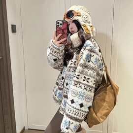 25秋冬新款暮冬明信片费尔岛印花羊羔毛加厚外套192