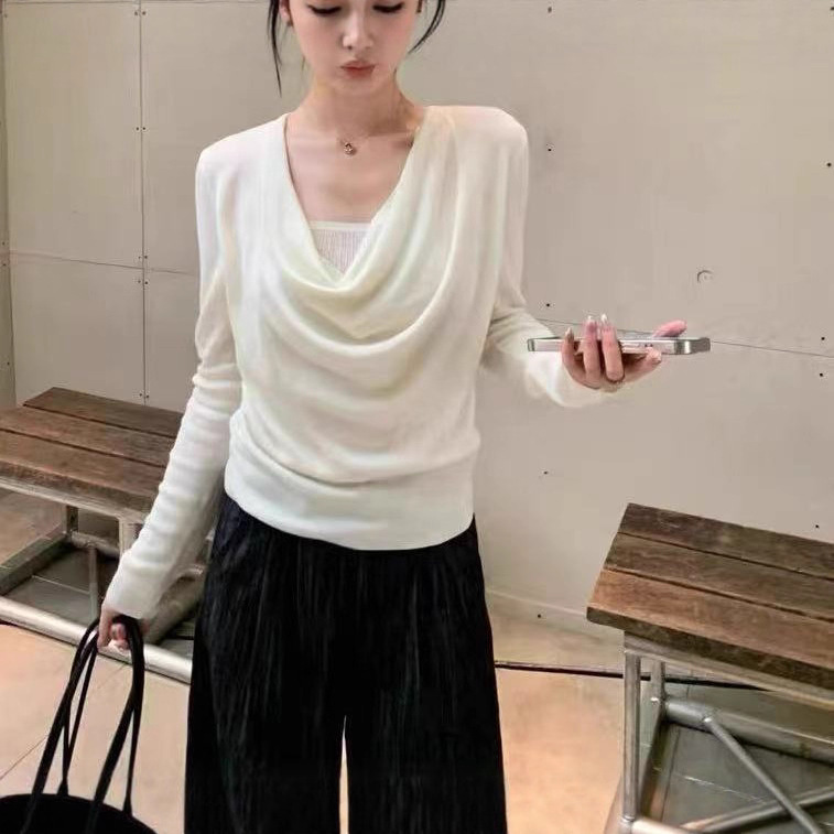 纯欲荡领露锁骨针织衫女秋冬高级感穿搭显白辣妹褶皱修身长袖上衣|undefined