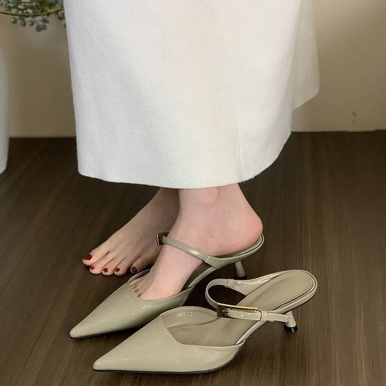 French Style Black High Heels Baotou Half Slippers Women's Shoes Outer Wear 2025 New Style Elegant Socialite Half Shoes