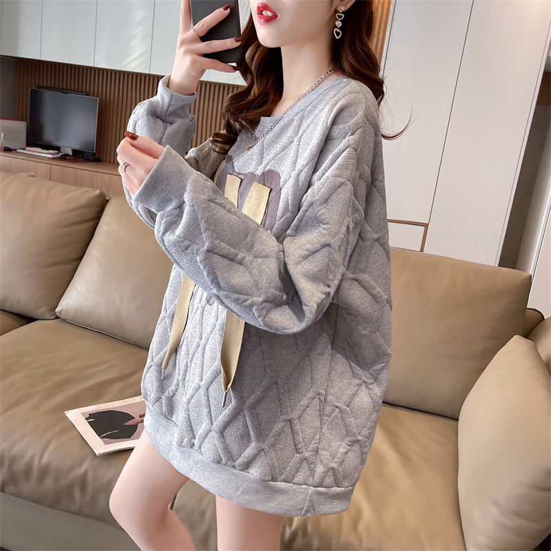 Damen Jacquard Sweatshirt Mit Bindeband Mittellang Locker Geschnitten_voghion.com