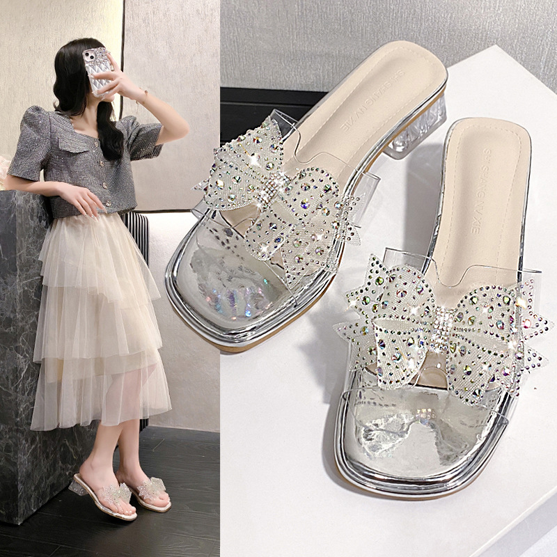 2025 Summer New Bowknot For Women, Outdoor Mid-Heel Rhinestone Gentle Style Transparent High-Heel Sandals_vogvips.com