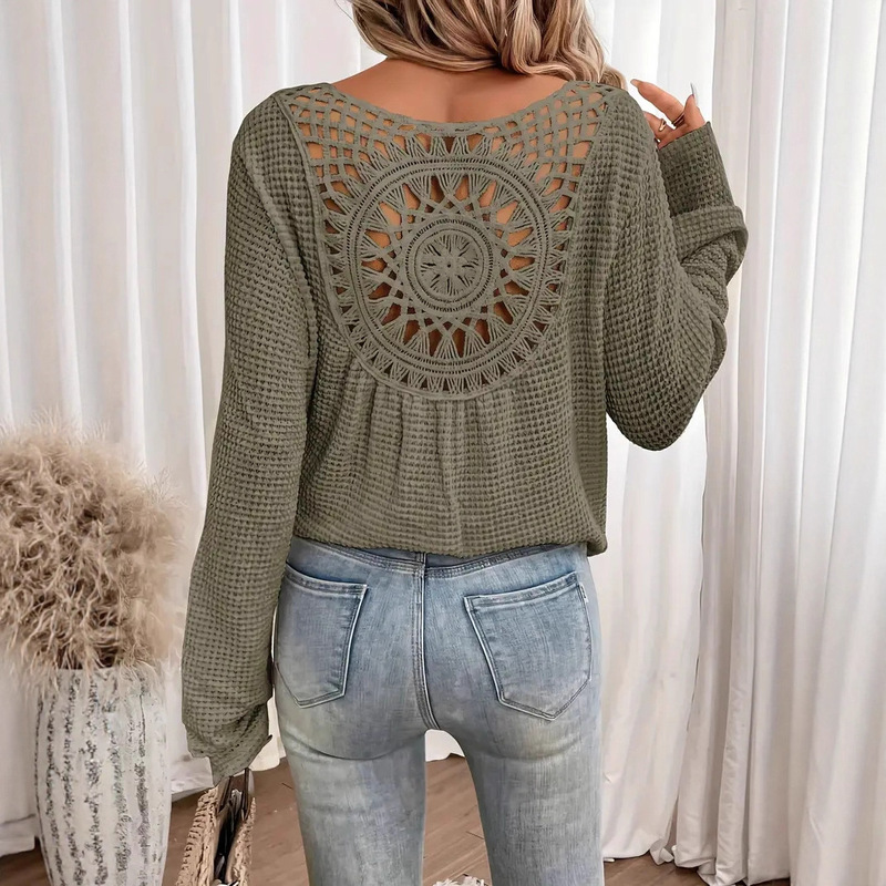 Amazon Women's Elegant V Neck Long Sleeve T-Shirt with Contrast Lace Detail Solid Color Regular Length Spring Summer Autumn Top