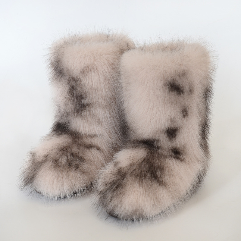女性用ファーブーツ、暖かく滑りにくいクロスボーダー模造キツネミッドチューブ模造タヌキ毛皮冬スノーブーツ