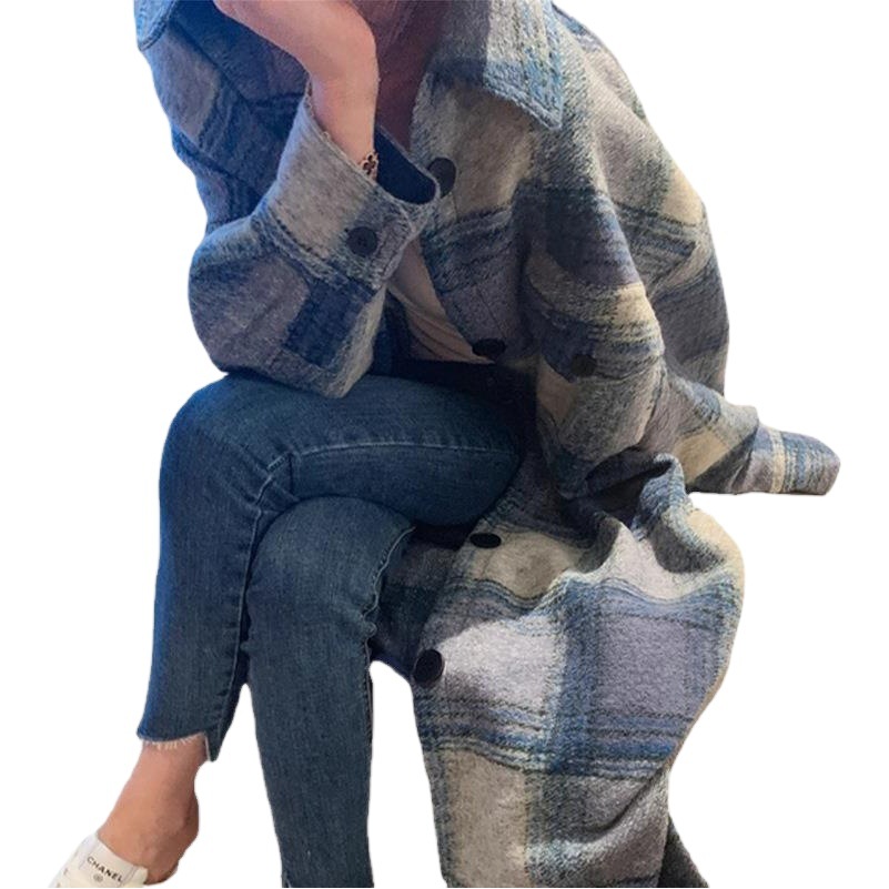 Korean Autumn and Winter New Style Loose Casual Double-Pocket Plaid Woolen Coat Oversized Plaid Long Coat