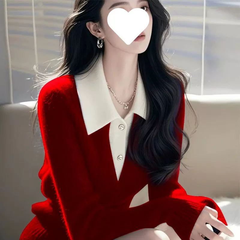 假两件毛衣女拼色翻领针织衫上衣2025秋冬季新款气质减龄显瘦外穿