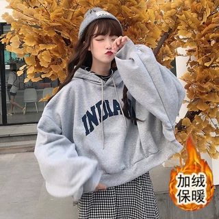 加厚外穿假两件条纹拼接字母抽绳连帽卫衣女秋冬季小个子跨境批发