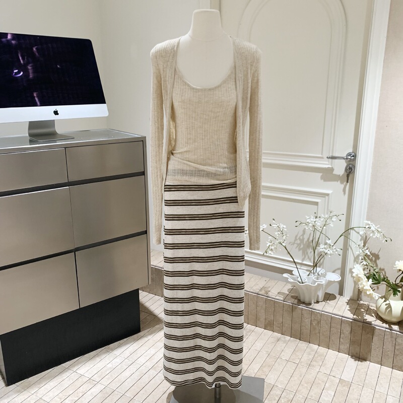 Knitted Cardigan for Women, Slimming Long-Sleeved Camisole, Summer Two-Piece Set + Striped Skirt Knitted Cardigan for Women, Slimming Long-Sleeved Camisole, Summer Two-Piece Set + Striped Skirt