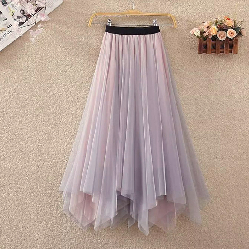 Contrast Color Fashion All-match Irregular Mesh Skirt plus size Women's Mid-length High Waist A- line Skirt Fairy Skirt