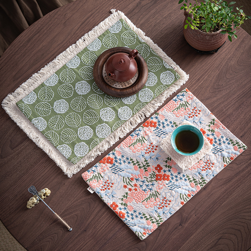 Yishi Tea Talk 手刺繍ティーマット ドライティーマット テーブルフラッグ ティーテーブルマット ティーカバー 茶道アクセサリー ティーポットマット 断熱マット|undefined