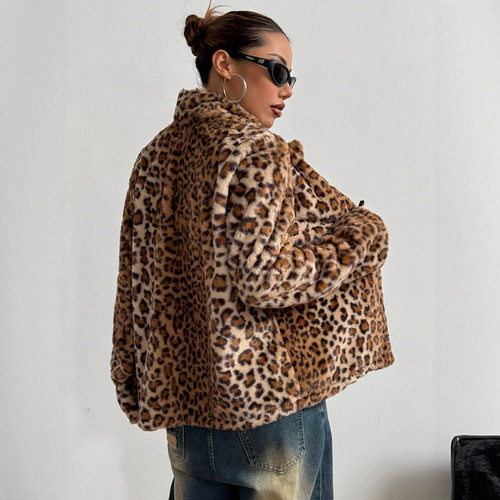 -53658#Women's clothing European and American INS new style buckle lapel thick leopard coat