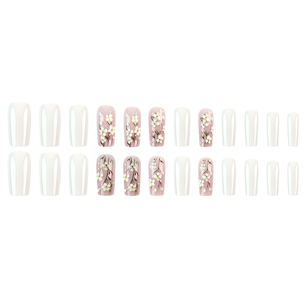 Uñas postizas de primavera y verano para comercio exterior, frescas y luminosas, 24 piezas de arte de uñas floral rosa y blanco versátil, puntas de uñas postizas en stock para venta al por mayor mixta.