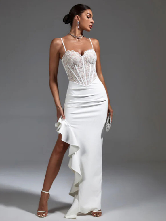 Cross-Border British Style Bandage Dress White Lace Sexy V Neck Sleeveless Celebrity Party Evening Dress