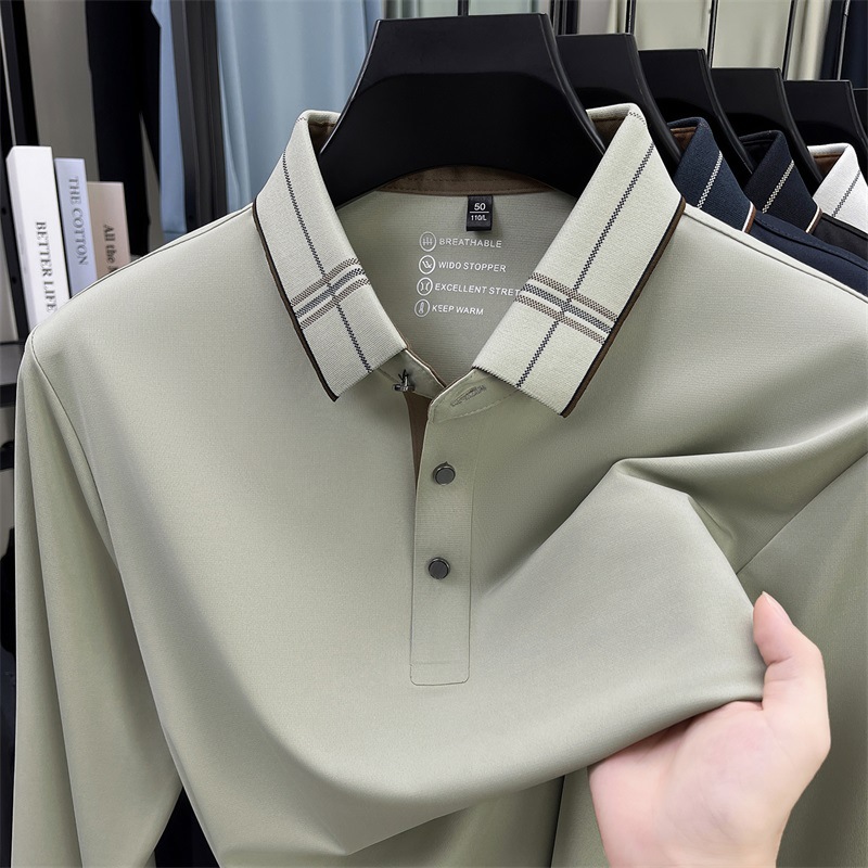 High-End Men's Long-Sleeved Polo Shirt with Woolen Collar, Autum Thin, Quick-Drying, Skin-Friendly, Breathable and Iron-Free Top with Silk Beads